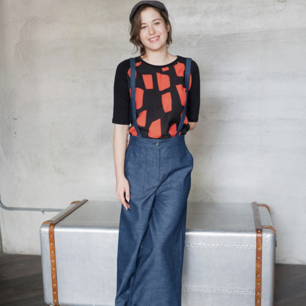 PIPPY 可拆式吊帶牛仔寬口吊帶長褲 藍