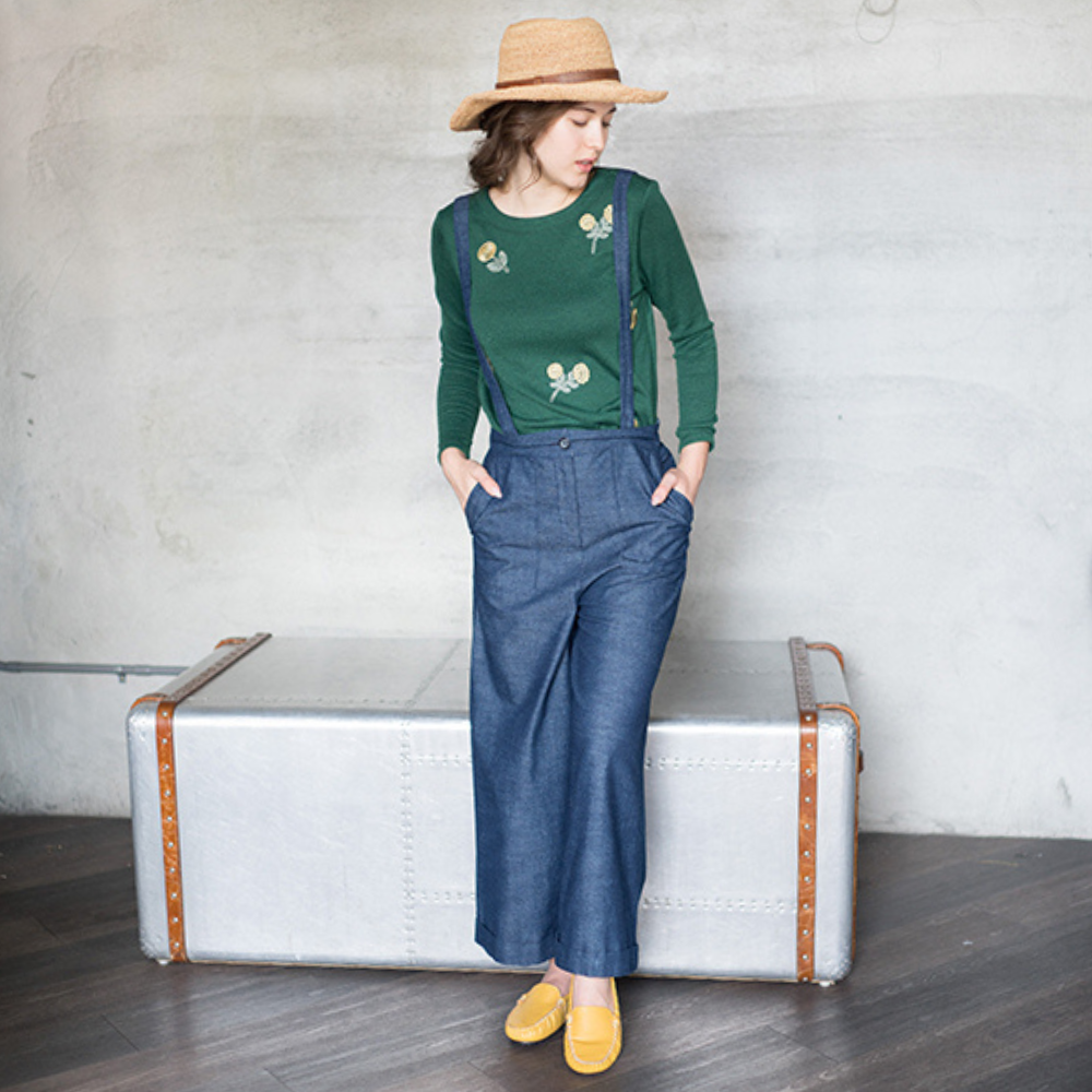 PIPPY 可拆式吊帶牛仔寬口吊帶長褲 藍