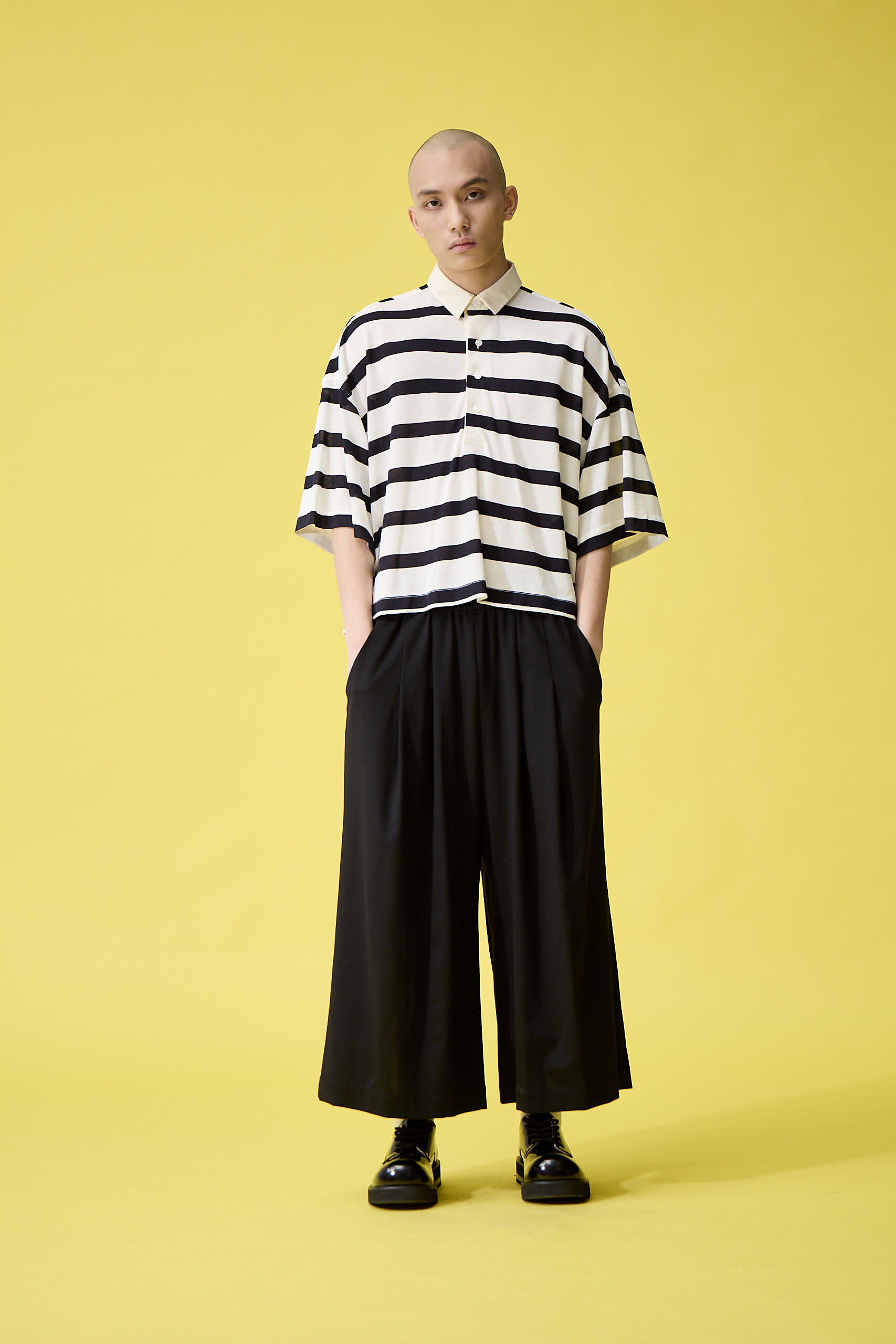 黑色鬆緊長寬褲