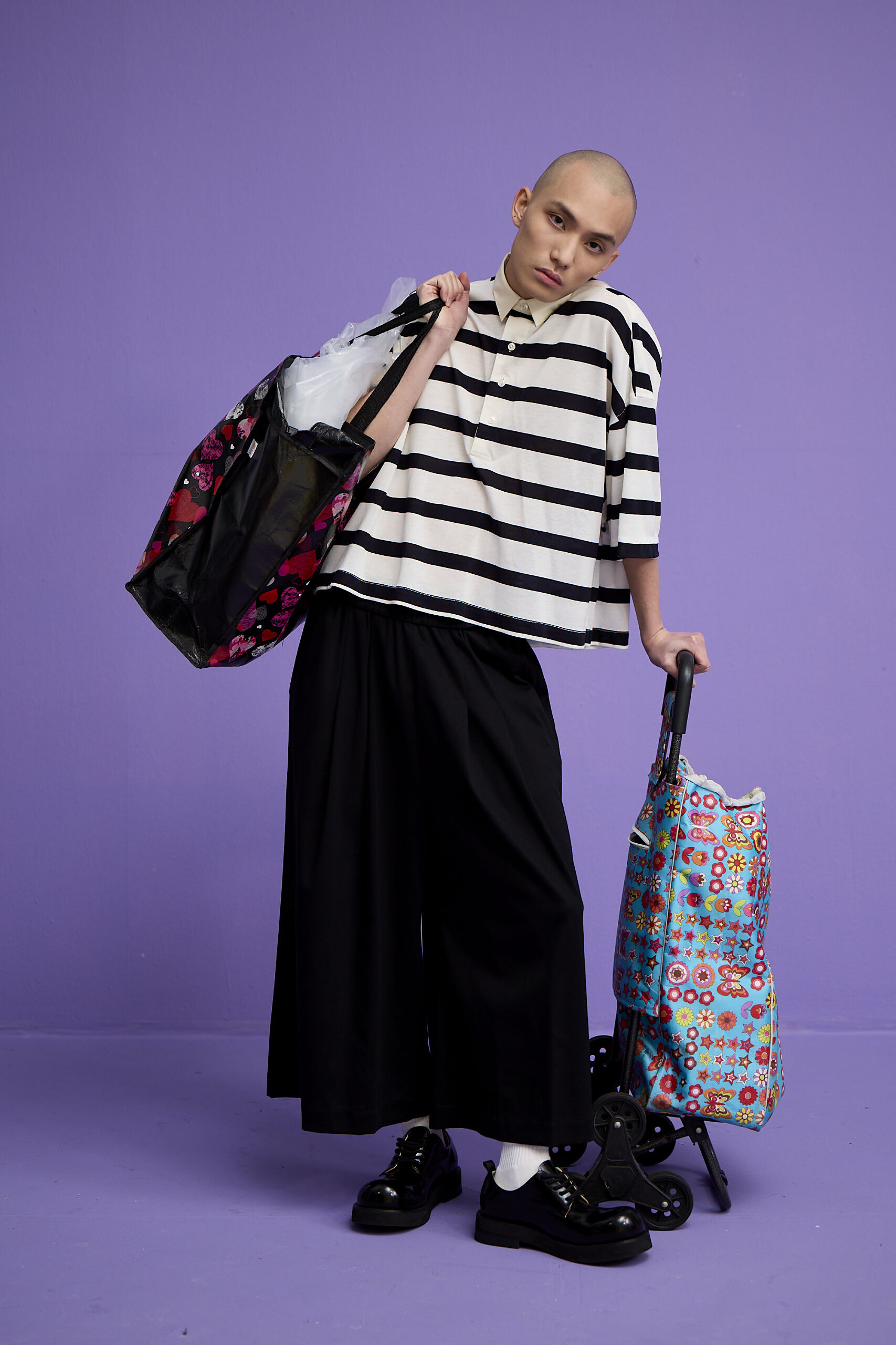 黑色鬆緊長寬褲