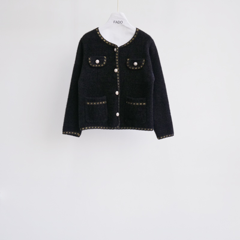 法朵Fado shop｜珍珠釦金線滾邊水貂毛外套 892A050 黑/ 白