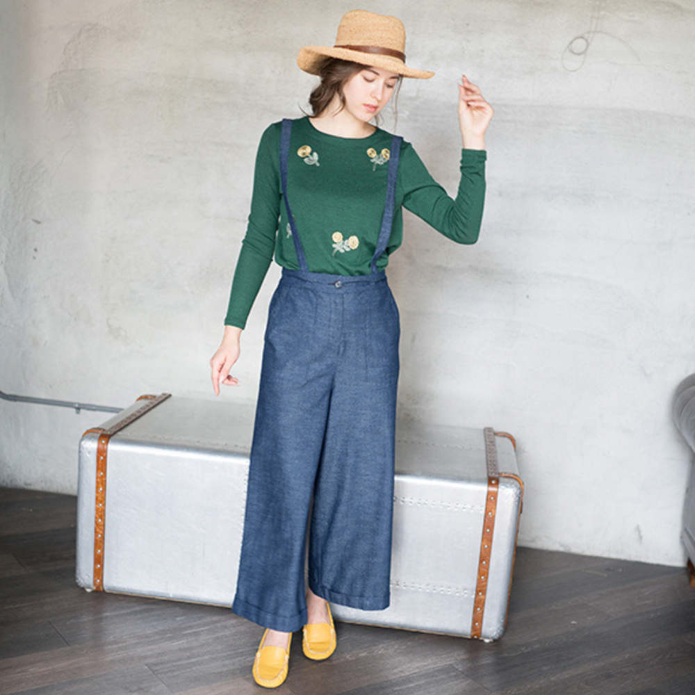 PIPPY 刺繡花朵暖暖彈性布圓領長袖上衣  綠