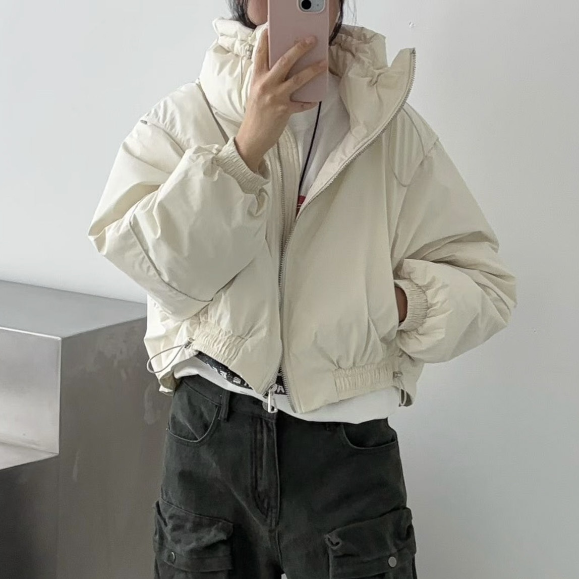 D01鴨絨100立領拉鍊細節抽繩外(奶白)