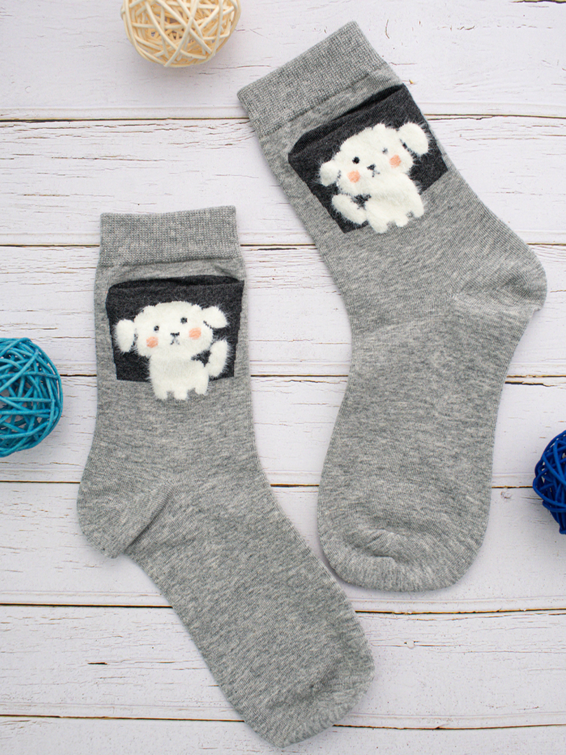 小白狗絨毛口袋中筒襪