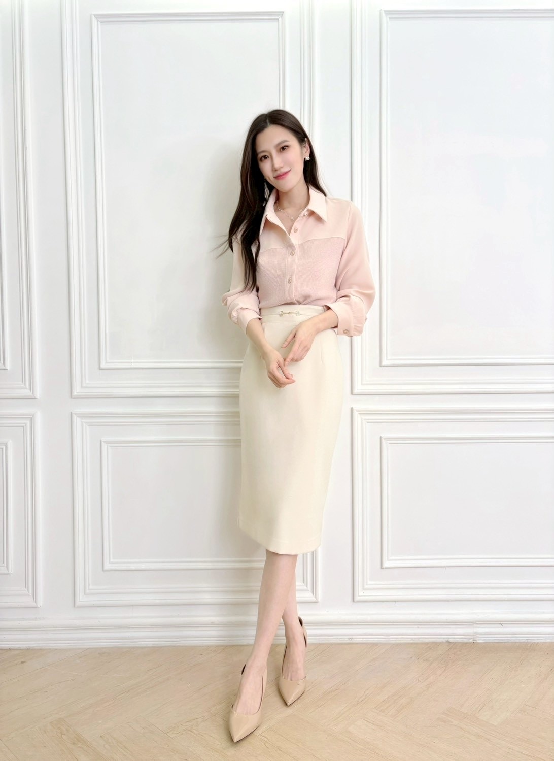 蝴蝶結釦坑條針織拼接襯衫(可拆式領巾)