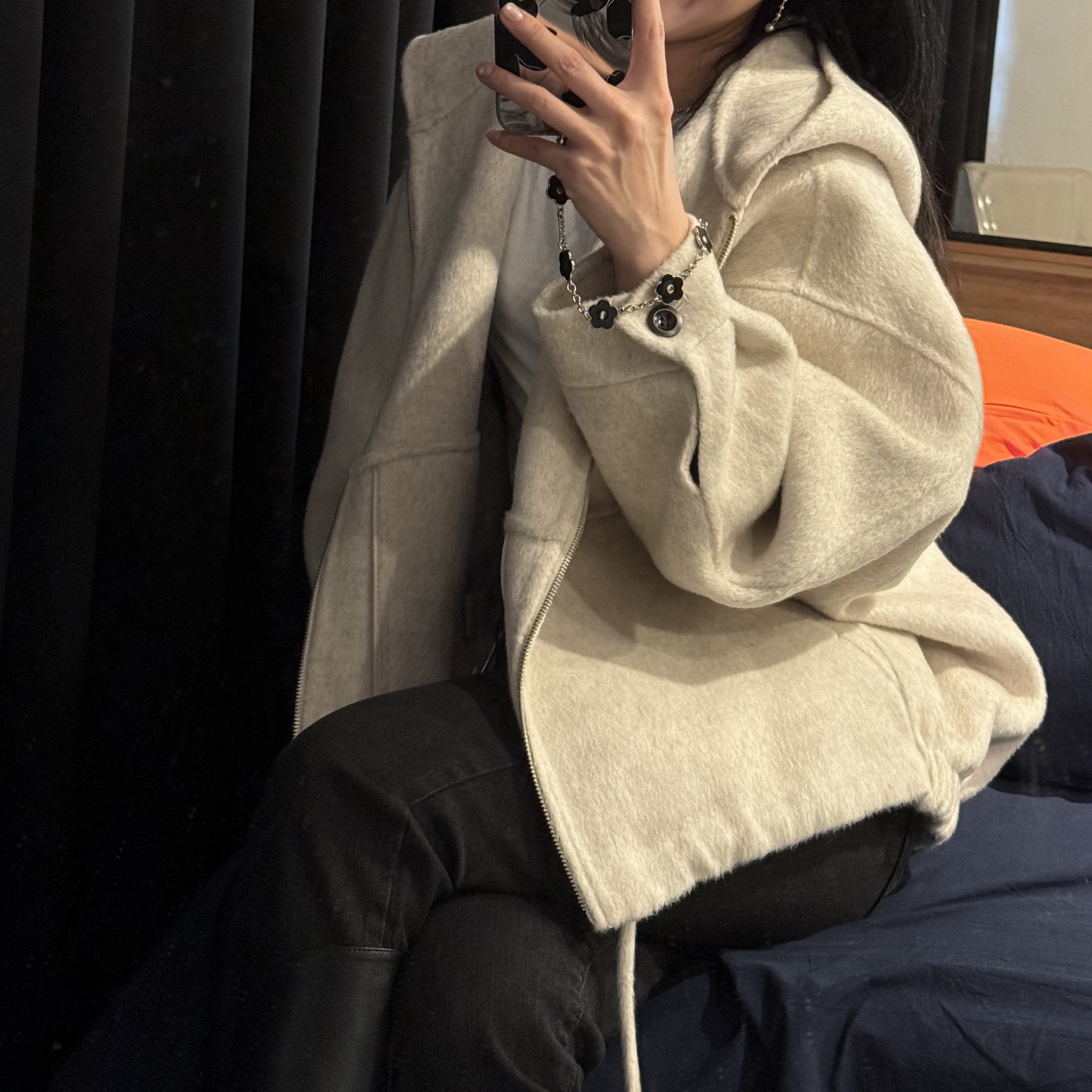 D02羊毛100%手工連帽拉鍊外(燕麥)