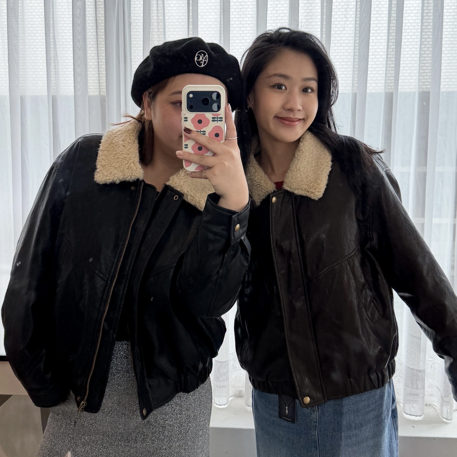 D04鴨絨毛毛米領皮革拉鍊外(黑)