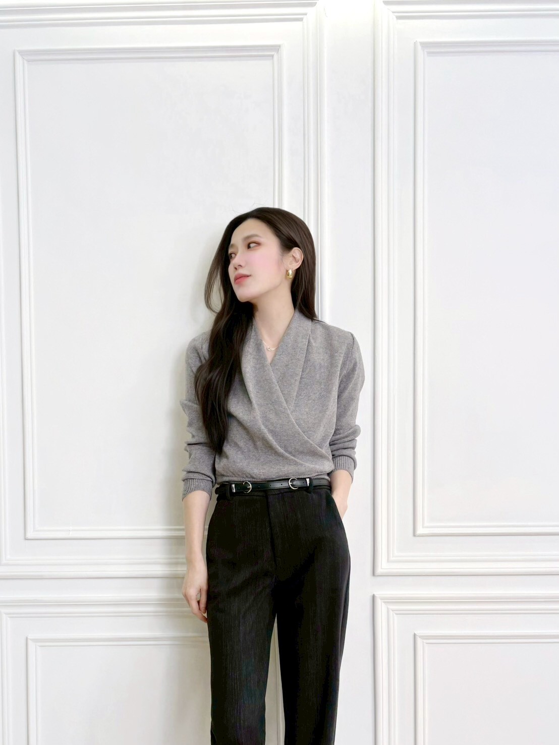 前交叉針織長袖上衣