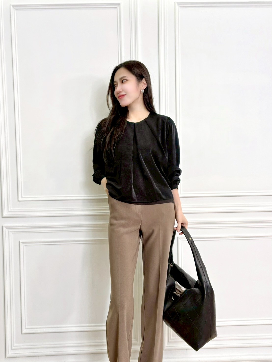 磨毛前打褶長袖上衣