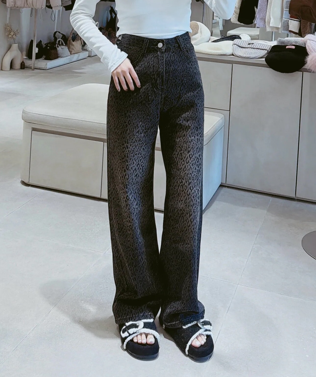 白刷色豹紋牛仔寬褲 51013