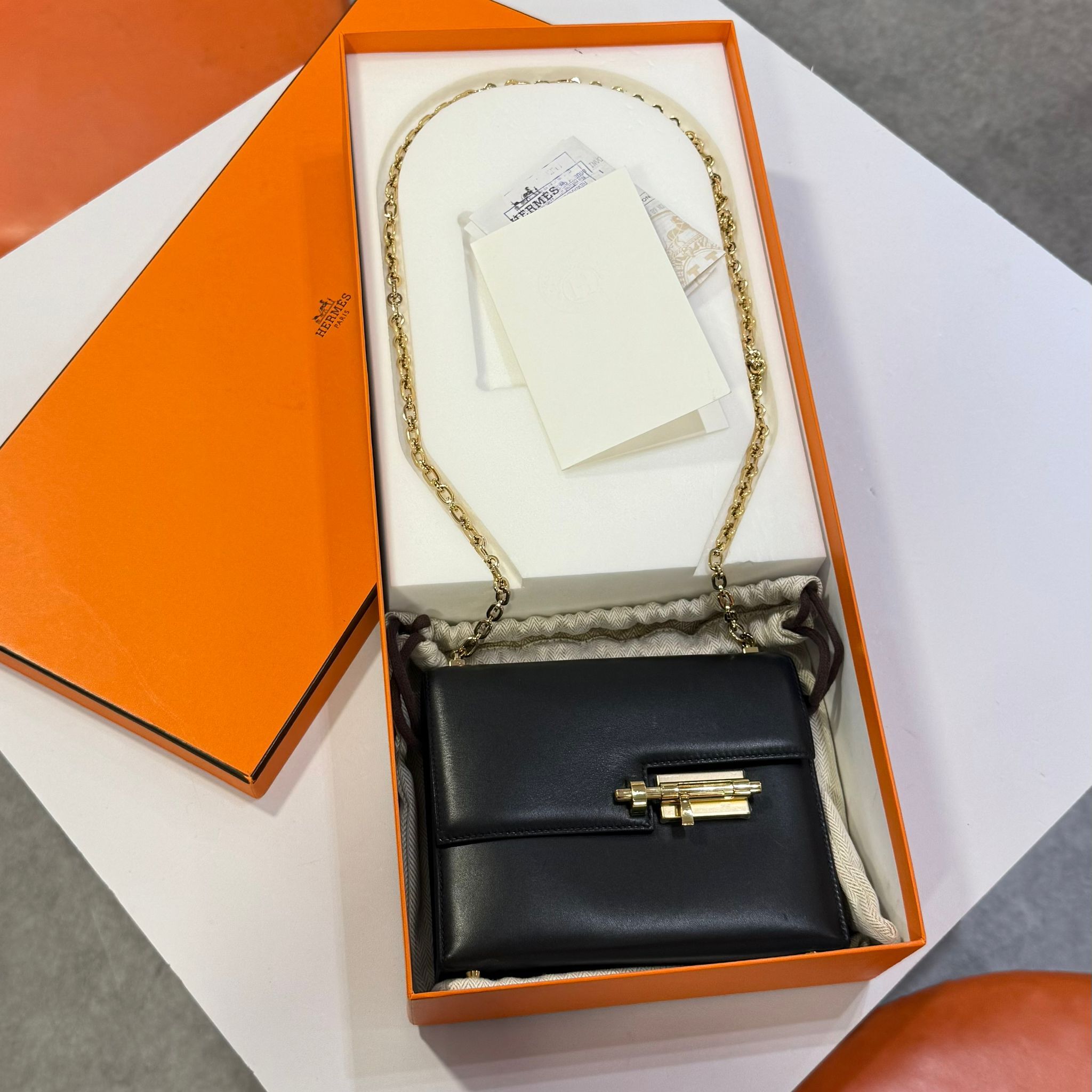 98%NEW二手Hermes Mini Verrou 手槍包 黑色金扣BOX皮D刻 89/NOIR GHW #香榭站正品