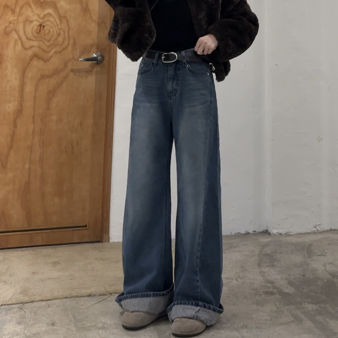 D15闊腿車線牛仔寬褲(S/M)