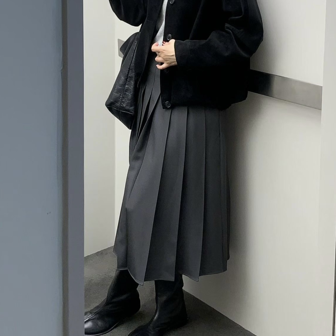 D18腰帶百褶中長裙(灰S/M)