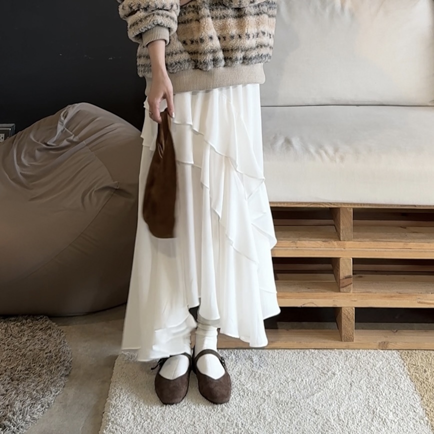 D20設計不對稱飄逸雪紡長裙(白)