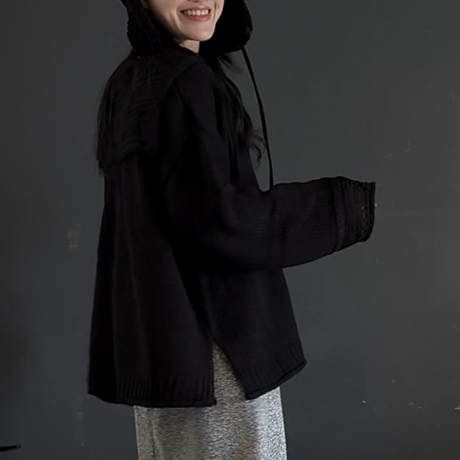 D31雙側開衩針織衣(黑)