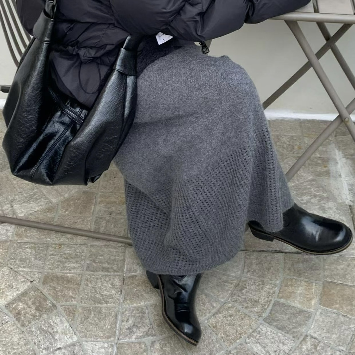 D21安格拉羊毛下擺細格針織長裙(灰)