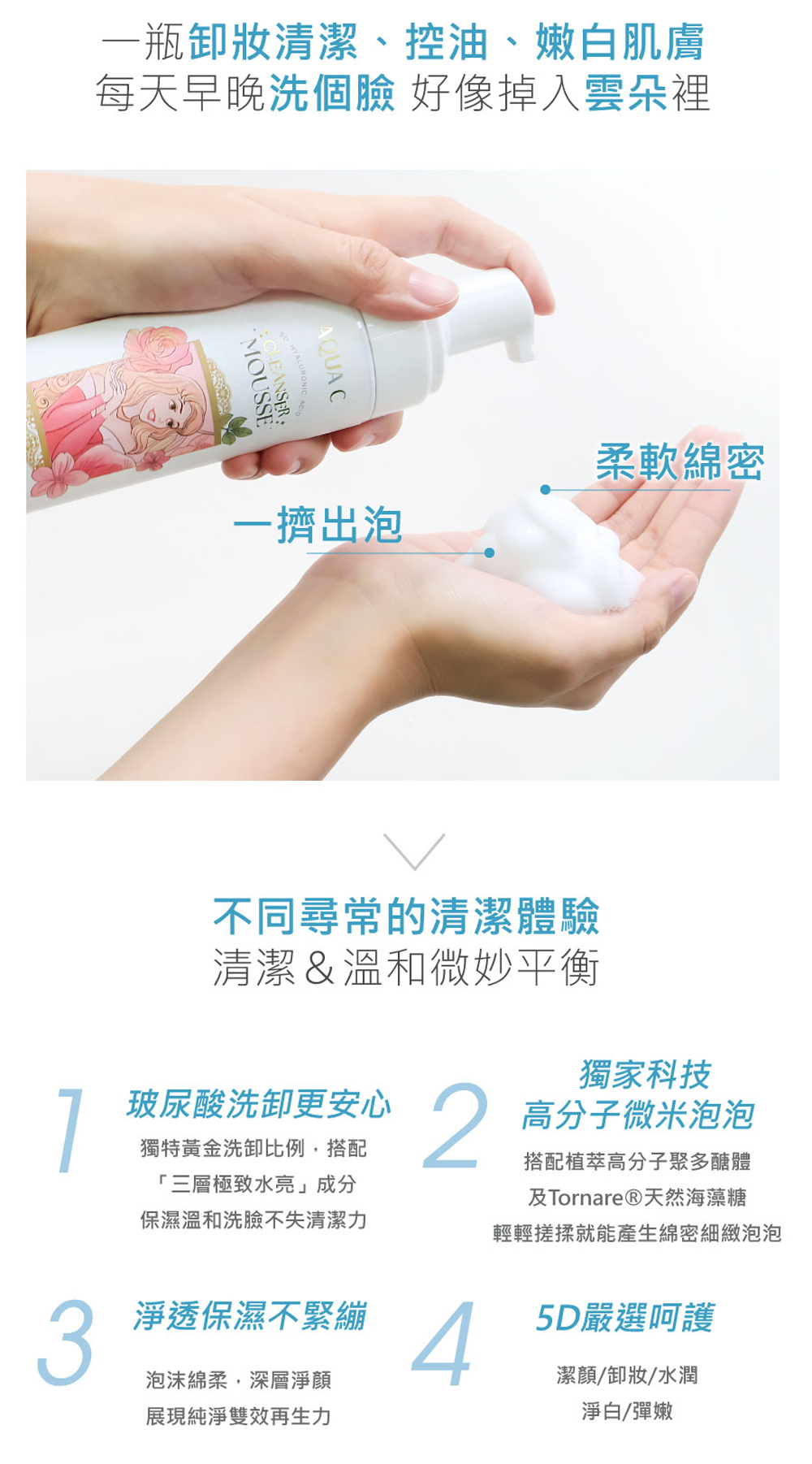 AQUA C. 迪士尼公主聯名,一瓶卸妝清潔,控油,一擠出泡,柔軟綿密感