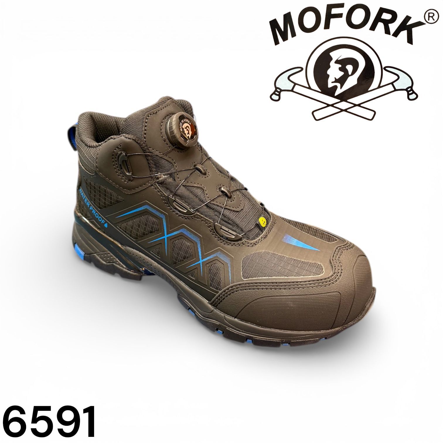 MOFORK 工業安全鞋 防水 防滑 纖維鞋頭鞋底 韓國製旋轉扭扣 高筒 男裝size:39-46 6591
