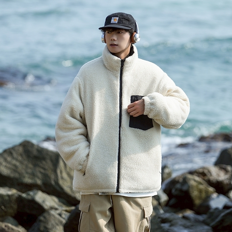 兩面穿羊羔毛立領外套-黑