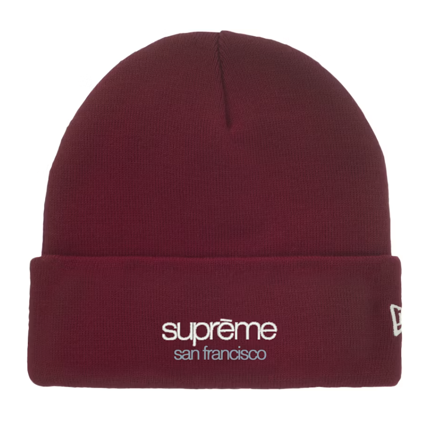 -(B5d01)-SUPREME NEW ERA CLASSIC LOGO SHOP BEANIE SAN FRANCISCO 舊金山 城市限定  毛帽 酒紅色- FW25BN8D