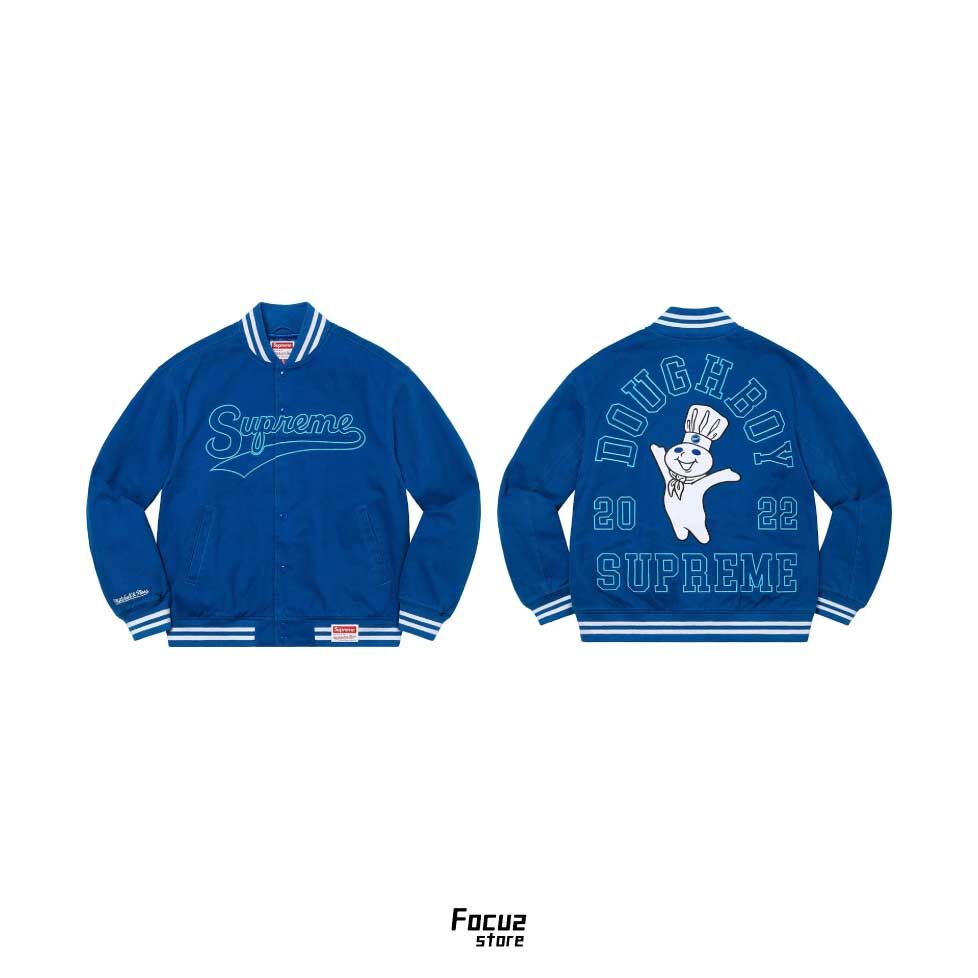 【Focus Store】現貨秒發 Supreme x Mitchell & Ness FW22 Week10 Doughboy Twill Varsity Jacket "Blue" 藍色 斜紋棒球夾克