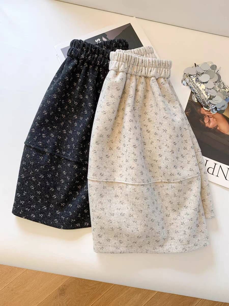 B6081-小碎花草毛呢短裙