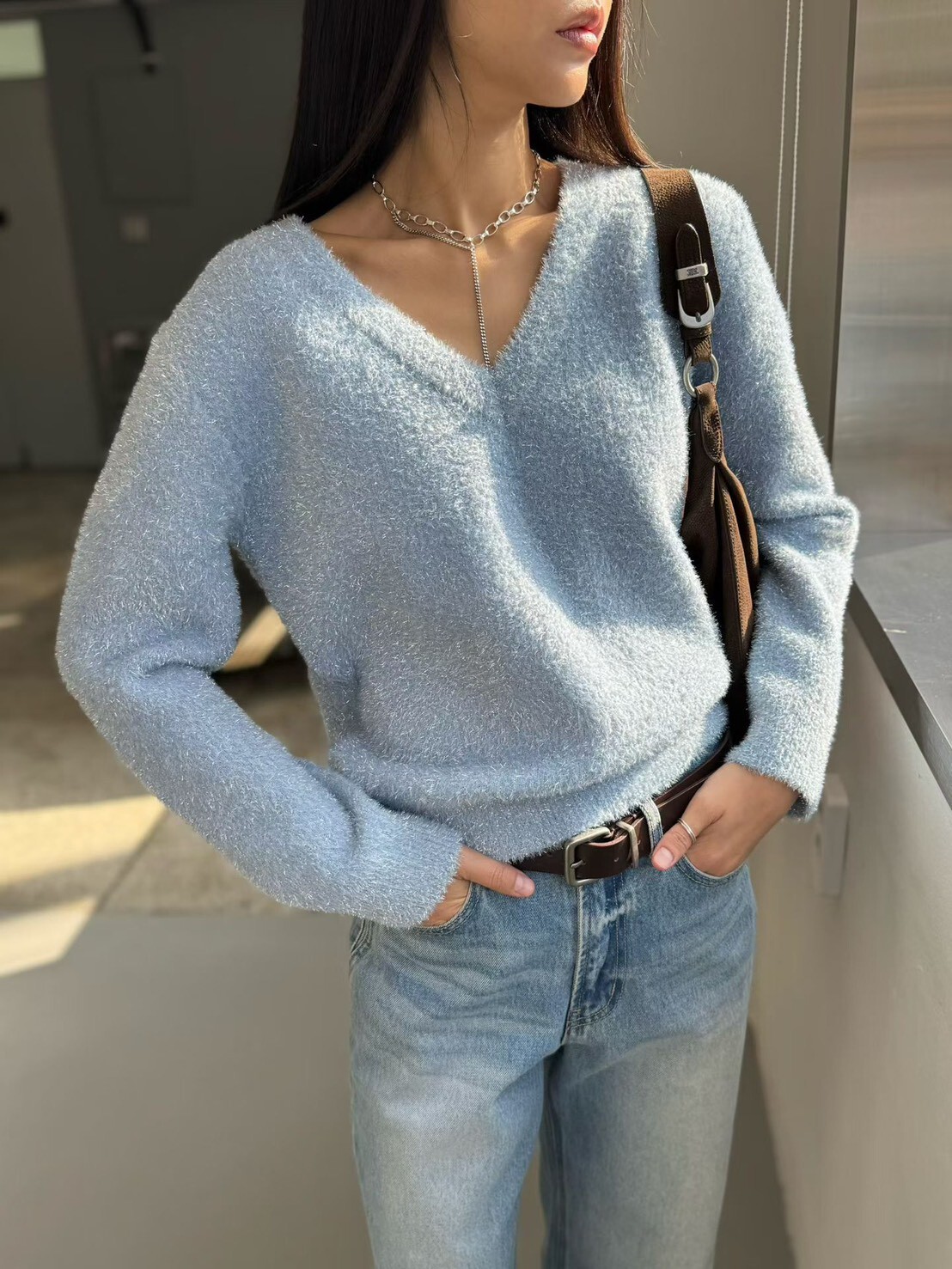 #AD152漂亮閃閃金蔥毛衣(水藍/灰)