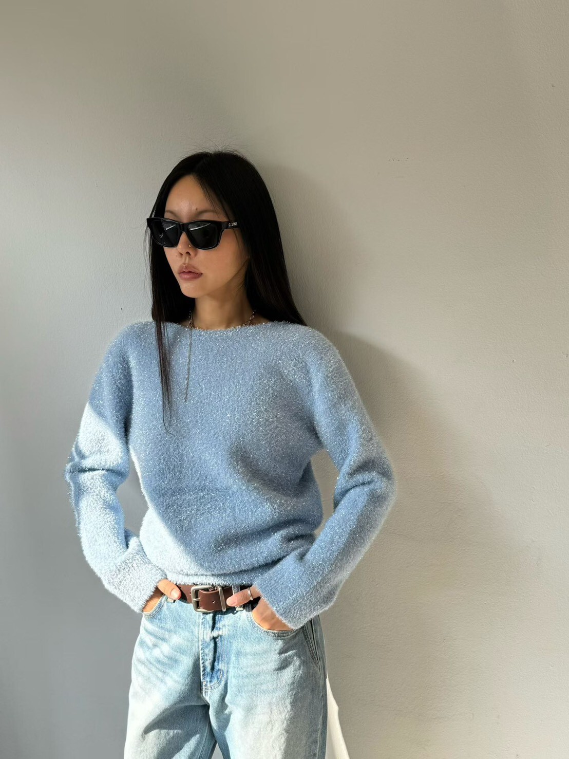 #AD152漂亮閃閃金蔥毛衣(水藍/灰)