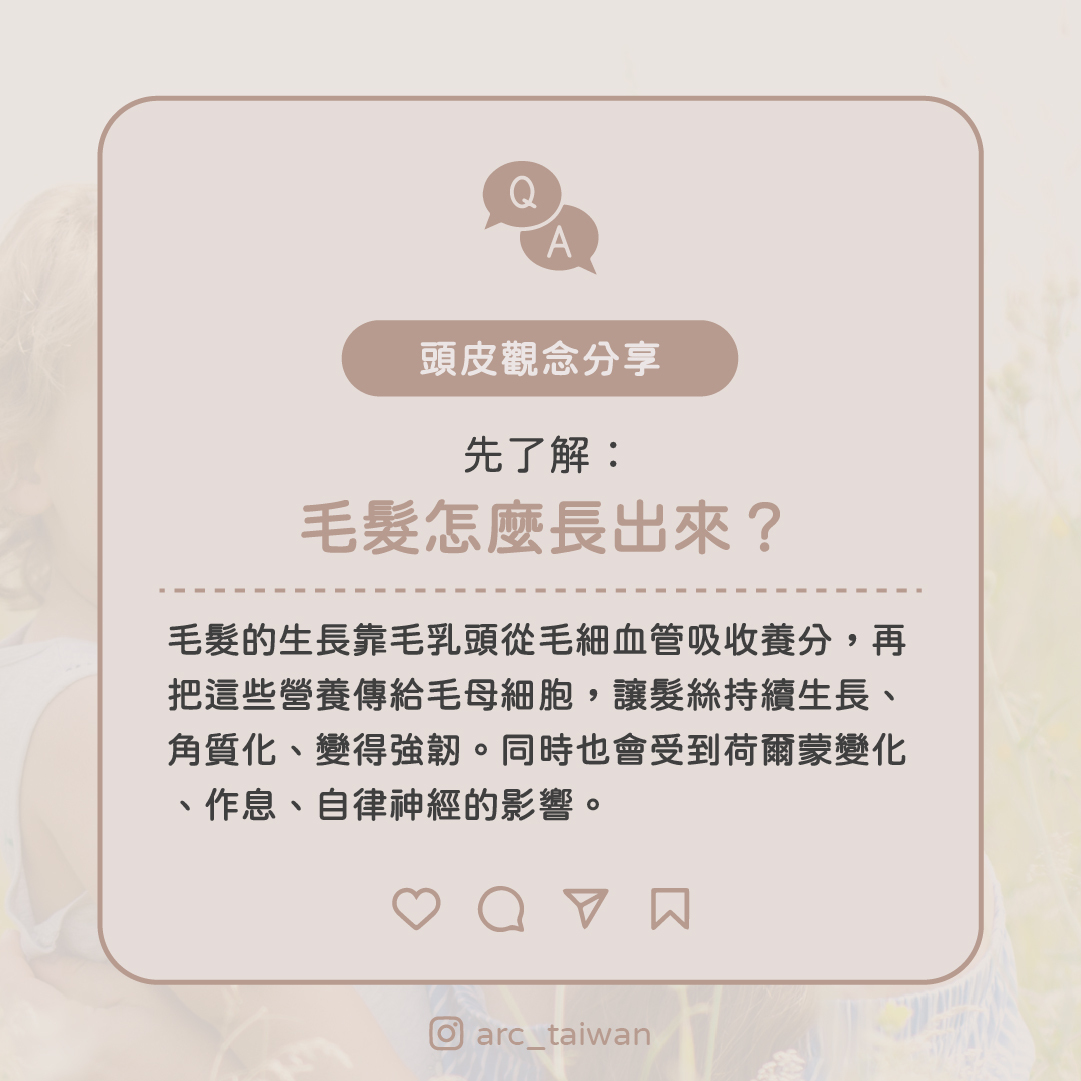 先了解：毛髮怎麼長出來？  毛髮的生長靠毛乳頭從毛細血管吸收養分，再把這些營養傳給毛母細胞， 讓髮絲持續生長、角質化、變得強韌。  同時也會受到 荷爾蒙變化、作息、自律神經 的影響