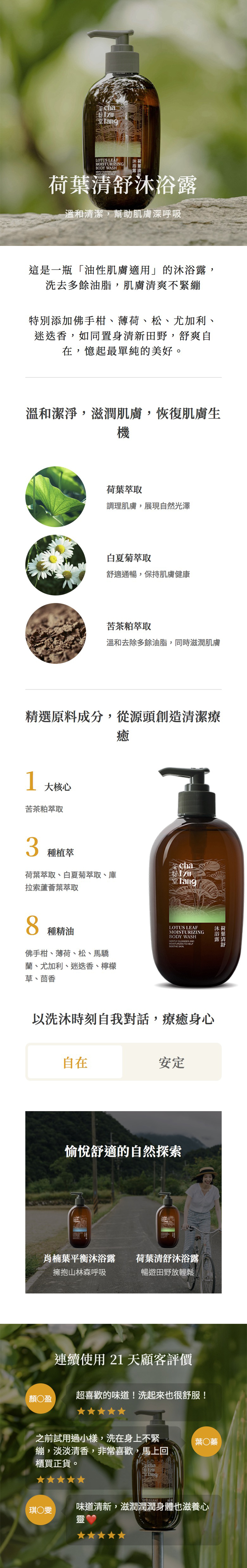 LOTUS LEAFMOISTURIZINGBODY WASH  AND  浴酒露溫和清潔,幫助肌膚深呼吸這是一瓶「油性肌膚適用的沐浴露,洗去多餘油脂,肌膚清爽不緊繃特別添加佛手柑、薄荷、松、尤加利、迷迭香,如同置身清新田野,舒爽自在,憶起最單純的美好。溫和潔淨,滋潤肌膚,恢復肌膚生機荷葉萃取調理肌膚,展現自然光澤白夏菊萃取舒適通暢,保持肌膚健康苦茶粕萃取溫和去除多餘油脂,同時滋潤肌膚精選原料成分,從源頭創造清潔療1大核心苦茶粕萃取癒3種植萃Cha荷葉萃取、白夏菊萃取、庫拉索蘆薈葉萃取Tang8種精油佛手柑、薄荷、松、馬驕蘭、尤加利、迷迭香、檸檬草、茴香LOTUS LEAFMOISTURIZINGBODY WASH  AND TO SOOTHE 沐荷荷葉清舒沐浴露以洗沐時刻自我對話,療癒身心自在安定愉悅舒適的自然探索肖楠葉平衡沐浴露荷葉清舒沐浴露擁抱山林森呼吸暢遊田野放輕鬆連續使用 21 天顧客評價顏盈超喜歡的味道!洗起來也很舒服!之前試用過小樣,洗在身上不緊葉蓁繃,淡淡清香,非常喜歡,馬上回櫃買正貨。chaLOTUS LEAF味道清新,滋潤潤潤身體也滋養心琪○雯靈