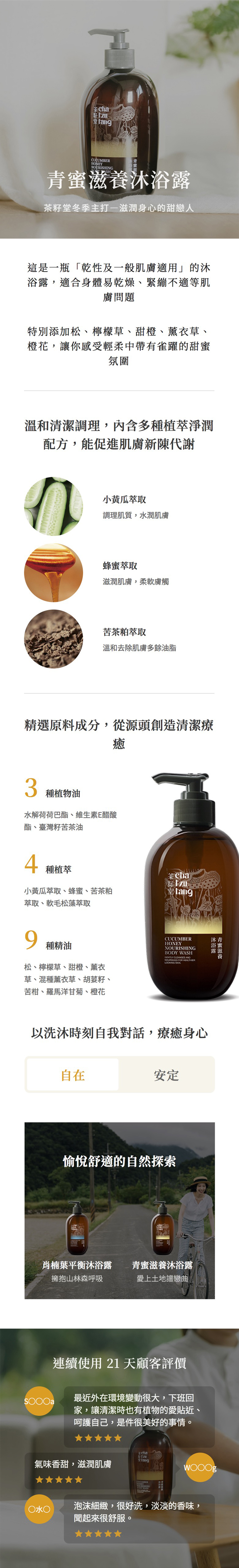 ChaCUCUMBERNOURISHING茶籽堂冬季主打一滋潤身心的甜戀人這是一瓶「乾性及一般肌膚適用」的浴露,適合身體易乾燥、緊繃不適等肌膚問題特別添加松、檸檬草、甜橙、薰衣草、橙花,讓你感受輕柔中帶有雀躍的甜蜜氛圍溫和清潔調理,內含多種植萃淨潤配方,能促進肌膚新陳代謝小黃瓜萃取調理肌質,水潤肌膚蜂蜜萃取滋潤肌膚,柔軟膚觸苦茶粕萃取溫和去除肌膚多餘油脂精選原料成分,從源頭創造清潔療癒3種植物油水解荷荷巴酯、維生素E醋酸酯、臺灣籽苦茶油4種植萃Cha小黃瓜萃取、蜂蜜、苦茶粕萃取、軟毛松藻萃取9種精油松、檸檬草、甜橙、薰衣草、混種薰衣草、胡荽籽、苦柑、羅馬洋甘菊、橙花CUCUMBERHONEYNOURISHING   AND FOR HEALTHERLOOKING 以洗沐時刻自我對話,療癒身心自在安定愉悅舒適的自然探索肖楠葉平衡沐浴露青蜜滋養沐浴露擁抱山林森呼吸愛上土地譜戀曲青蜜滋養沐浴露連續使用21天顧客評價最近外在環境變動很大,下班回家,讓清潔時也有植物的愛貼近、呵護自己,是件很美好的事情。cha氣味香甜,滋潤肌膚CUCUMBERHONEYBODY WASHNOURISHINGWOOOg泡沫細緻,很好洗,淡淡的香味,水聞起來很舒服。