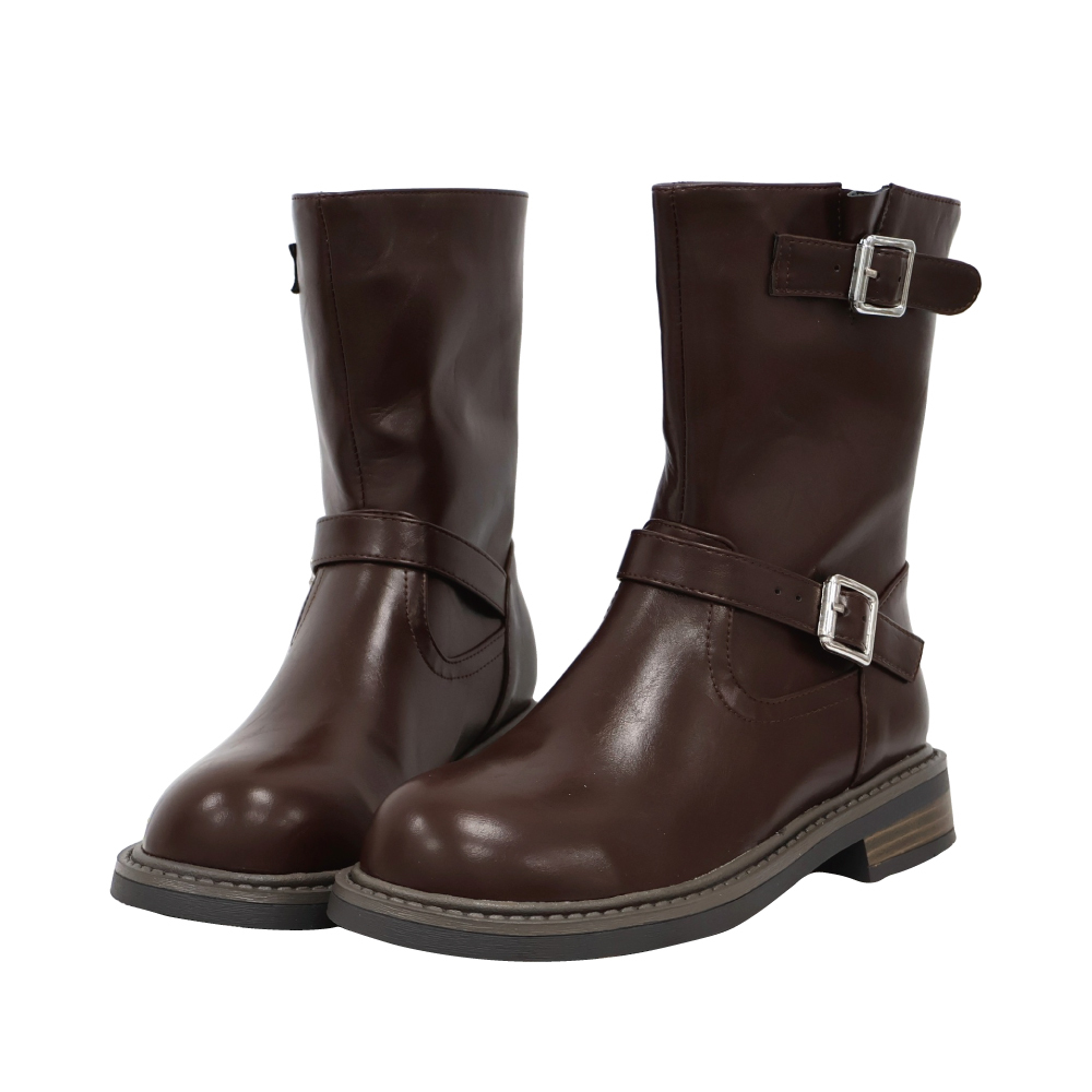 現貨 黑37 棕38 率性雙扣中筒短靴 -2色