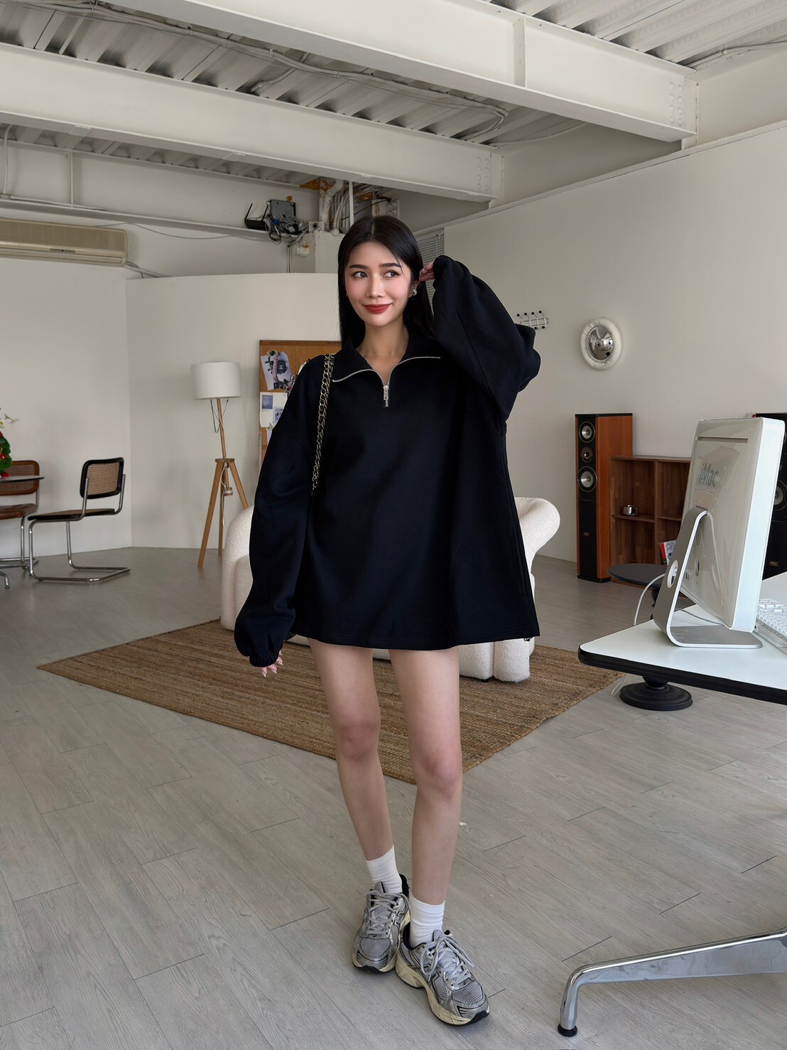 半拉鍊慵懶大學T