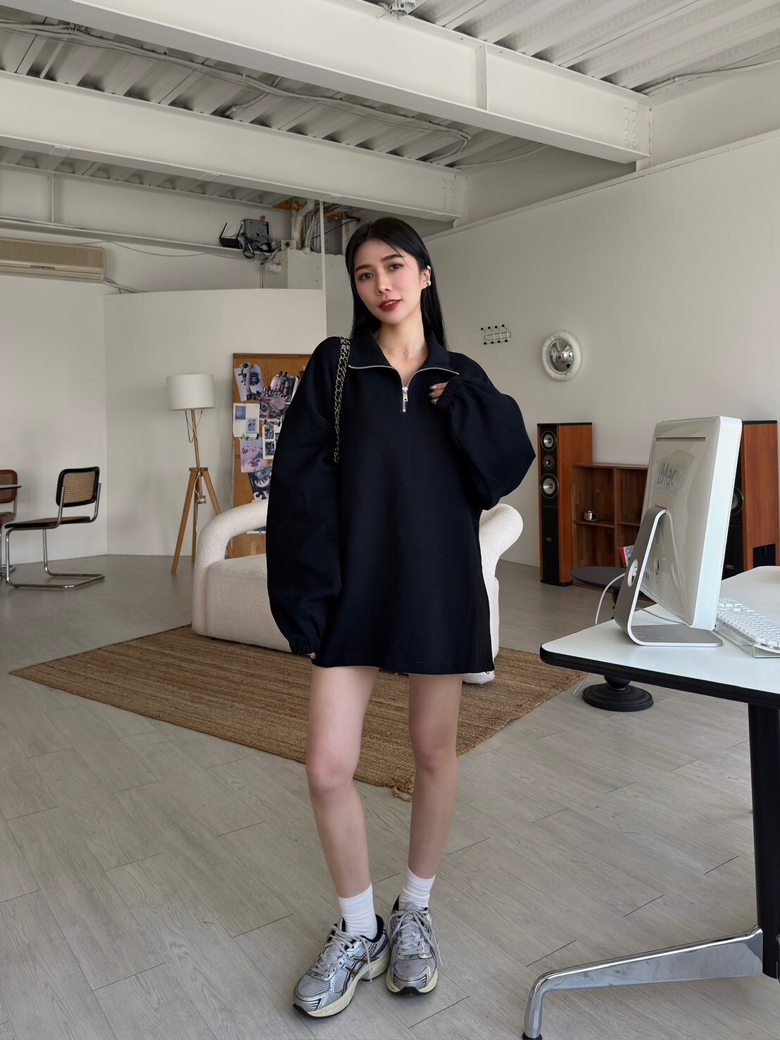 半拉鍊慵懶大學T