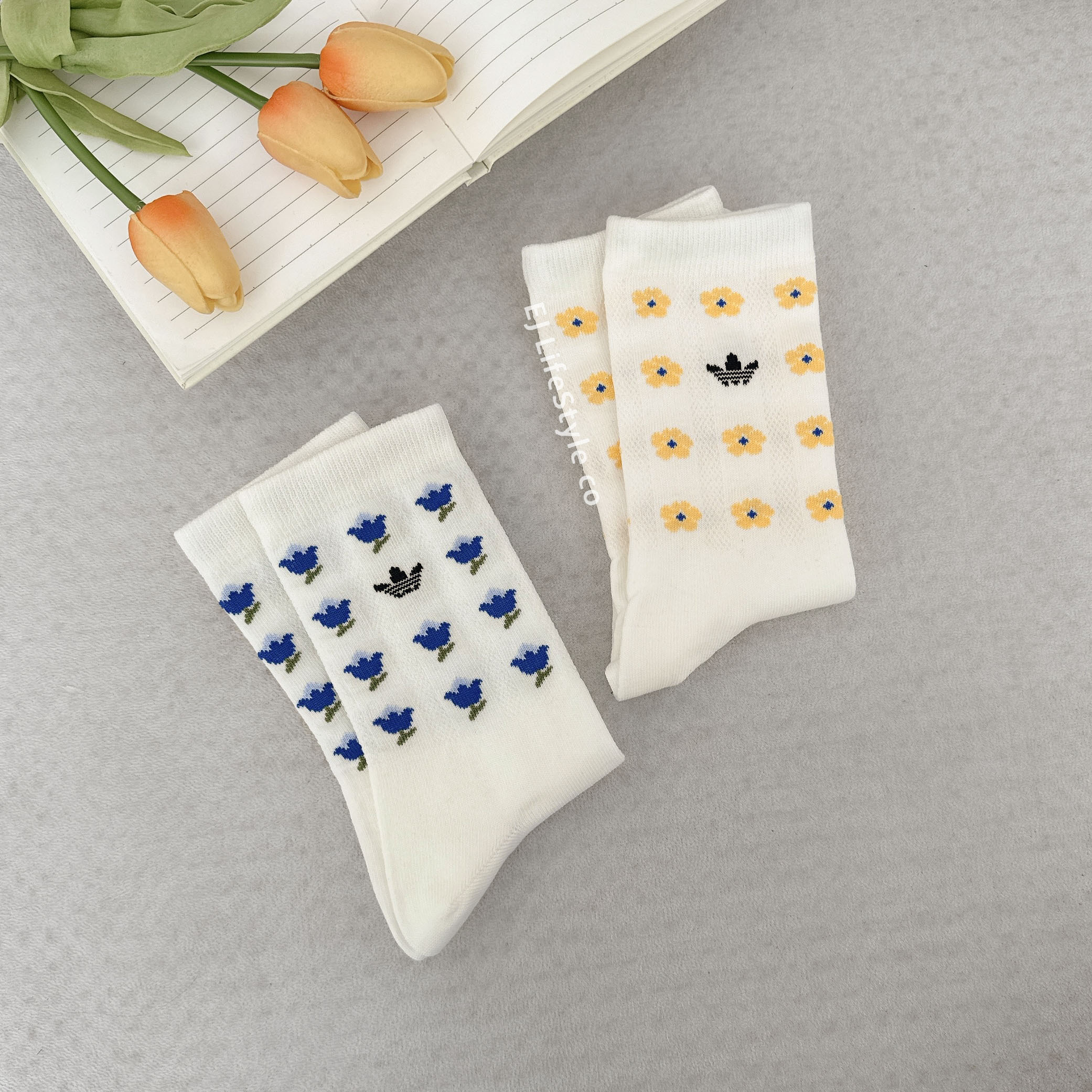 ADIDAS LIBERTY LONDON 中筒襪 花花系列 襪子 黃 藍 一組二入 JV7833 / 現貨