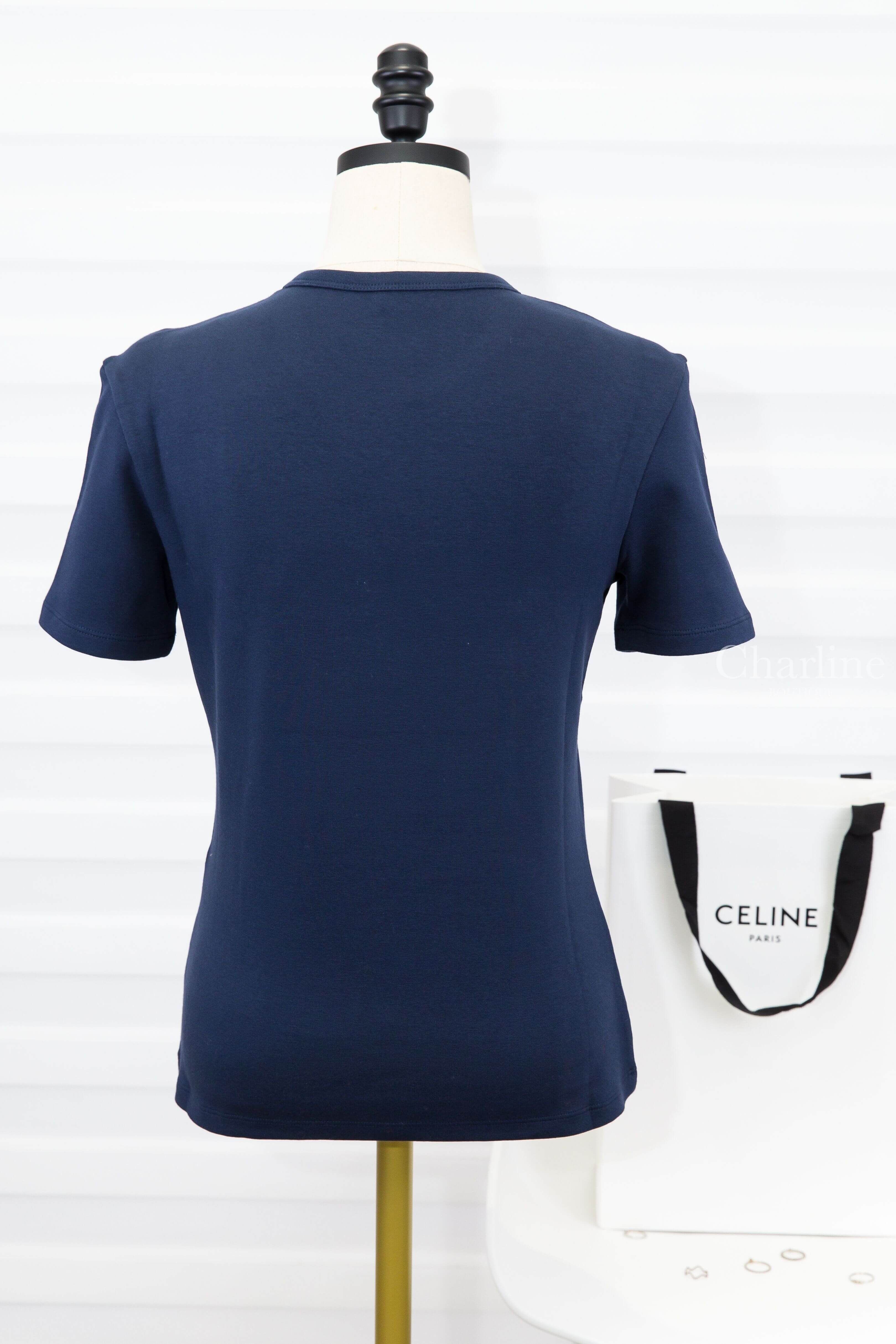 Celine Triomphe T-shirt In Ribbed Cotton Jersey 海軍藍米白凱旋門刺繡短袖棉T-Charline Boutique 精品代購