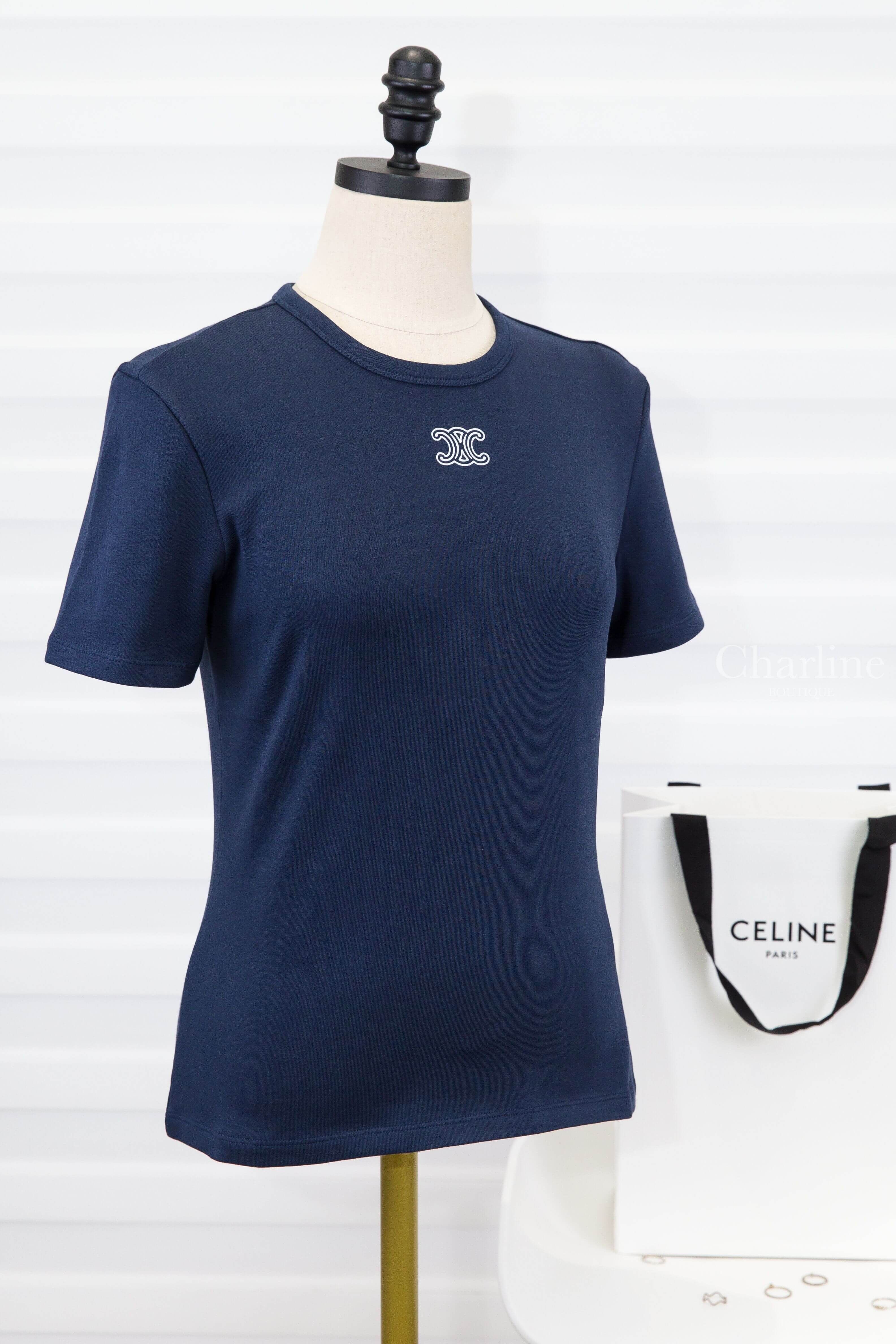 Celine Triomphe T-shirt In Ribbed Cotton Jersey 海軍藍米白凱旋門刺繡短袖棉T-Charline Boutique 精品代購