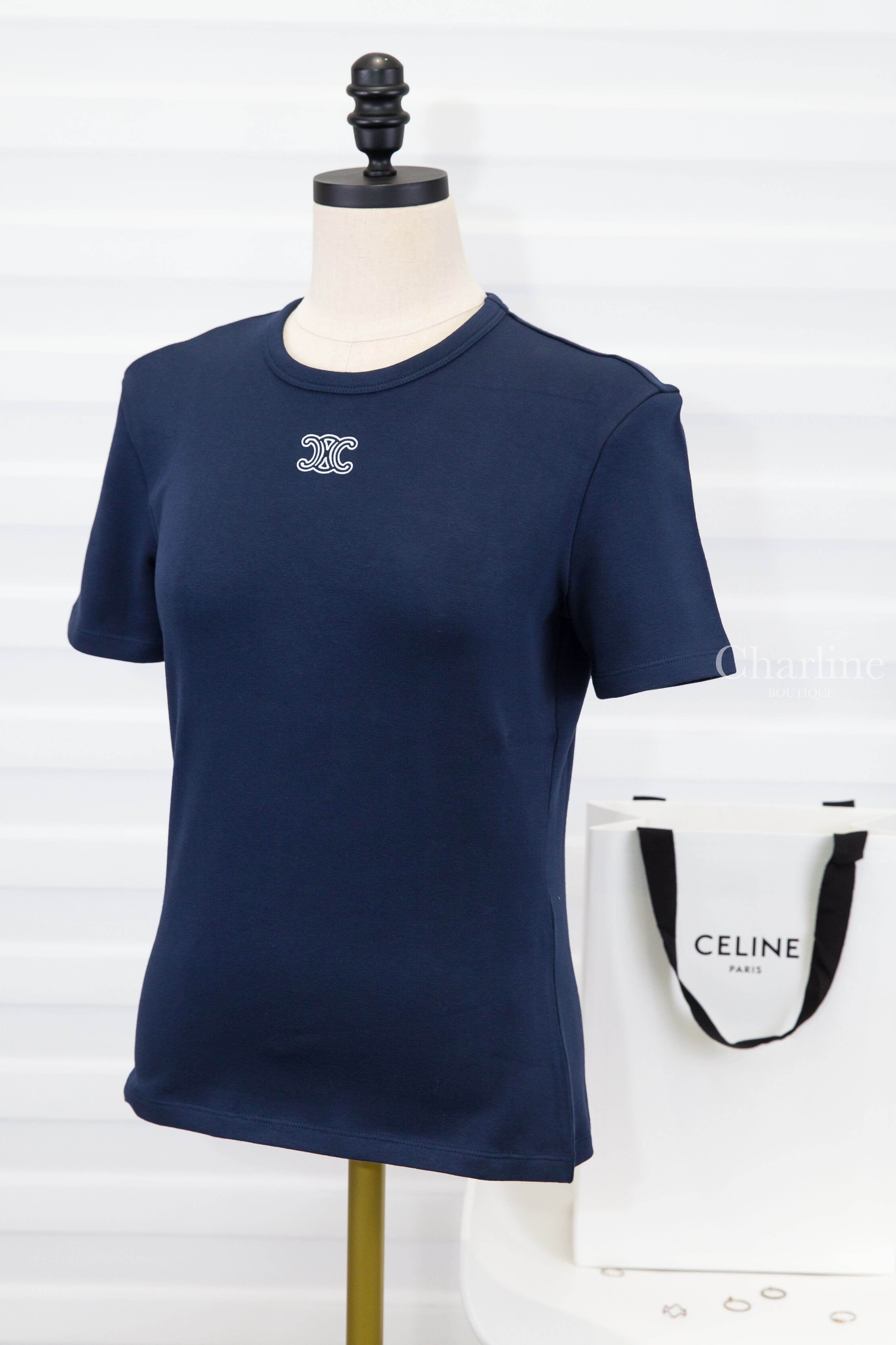 Celine Triomphe T-shirt In Ribbed Cotton Jersey 海軍藍米白凱旋門刺繡短袖棉T-Charline Boutique 精品代購