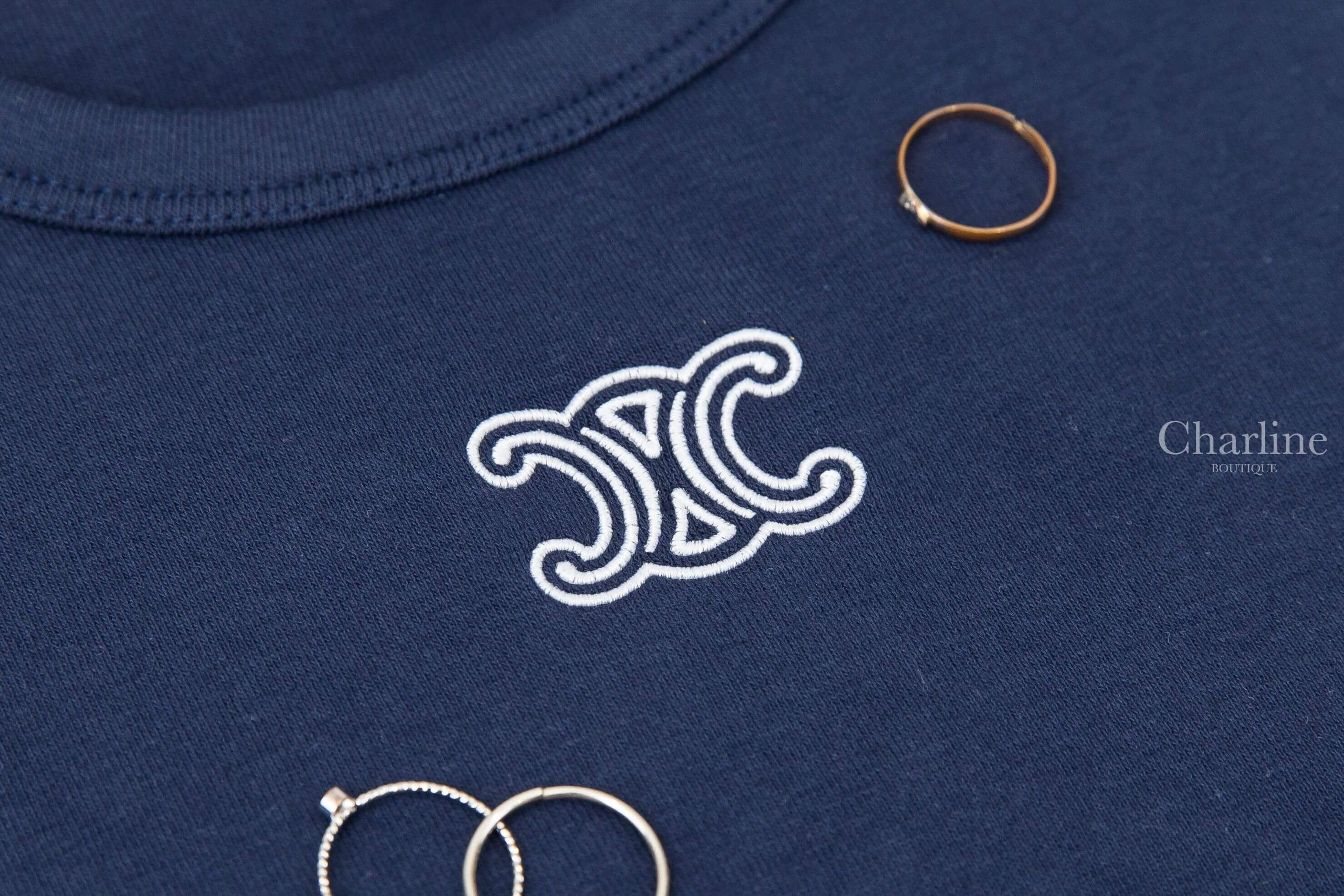 Celine Triomphe T-shirt In Ribbed Cotton Jersey 海軍藍米白凱旋門刺繡短袖棉T