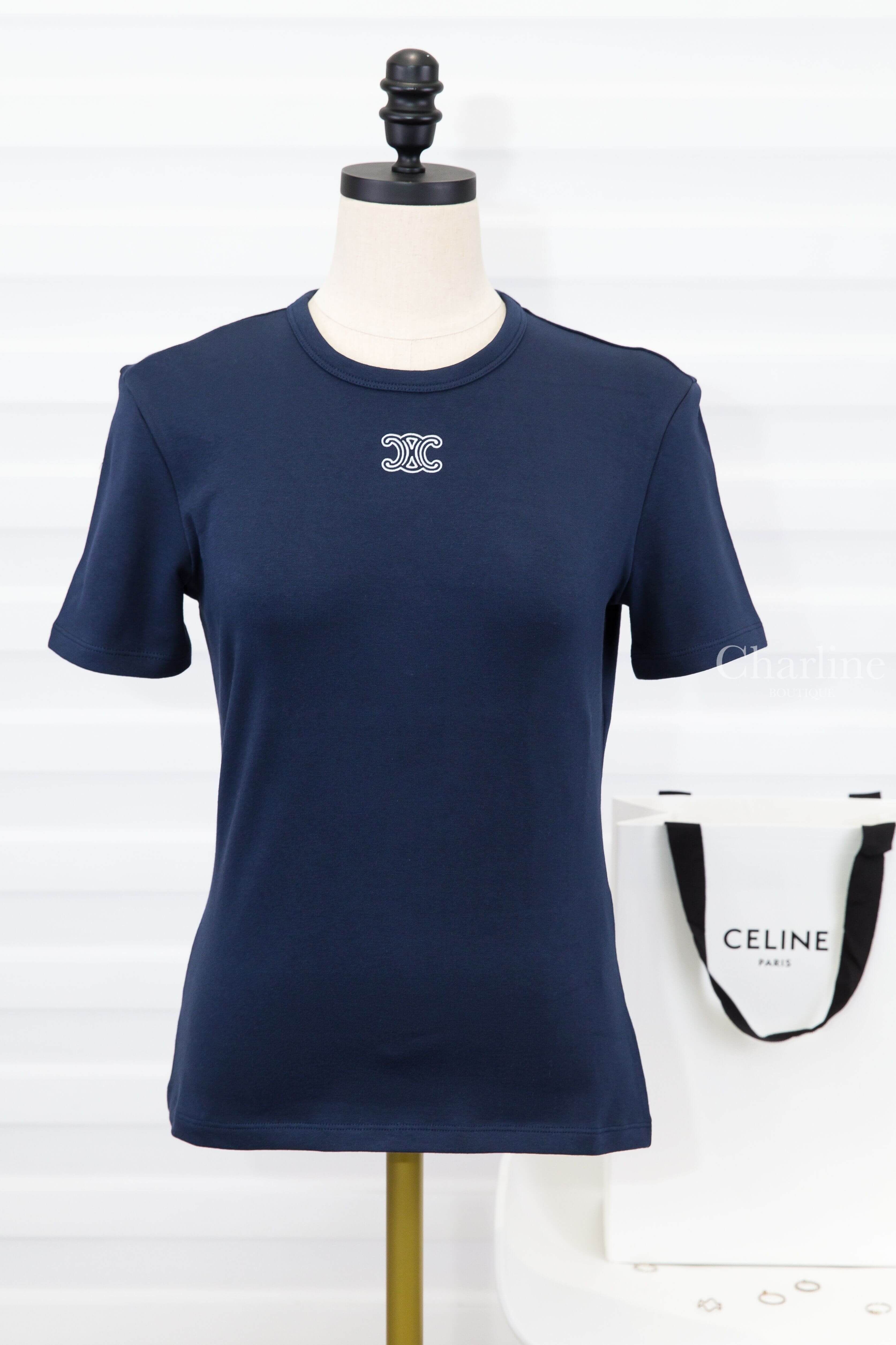 Celine Triomphe T-shirt In Ribbed Cotton Jersey 海軍藍米白凱旋門刺繡短袖棉T