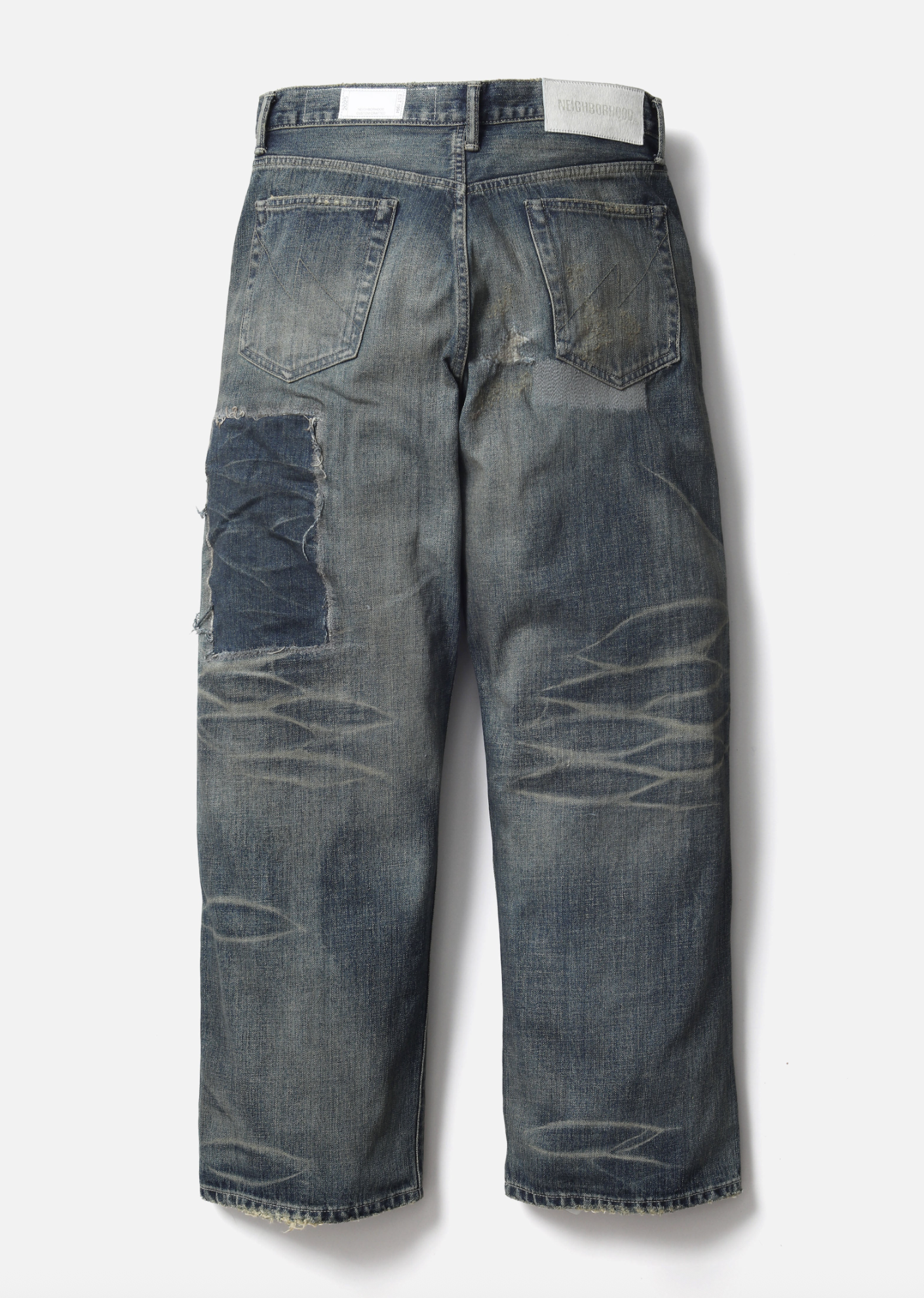 -(B3c01)-NEIGHBORHOOD  SAVAGE DENIM DP WIDE PANTS FW25 刷色 補丁 深寬 牛王 黑色/藍色- 252XBNH-PTM07