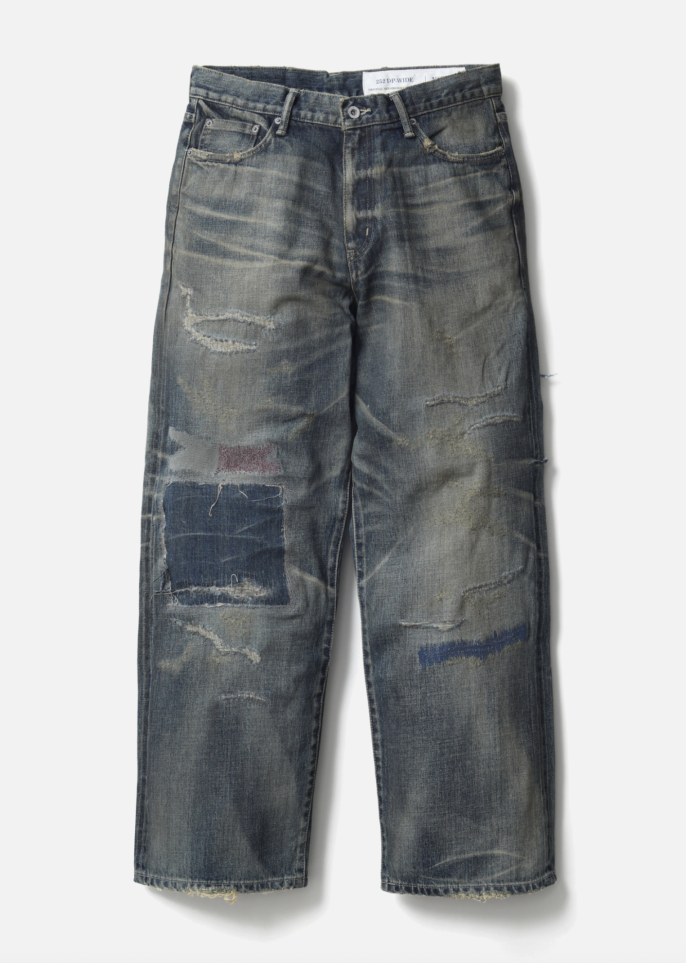 -(B3c01)-NEIGHBORHOOD  SAVAGE DENIM DP WIDE PANTS FW25 刷色 補丁 深寬 牛王 黑色/藍色- 252XBNH-PTM07