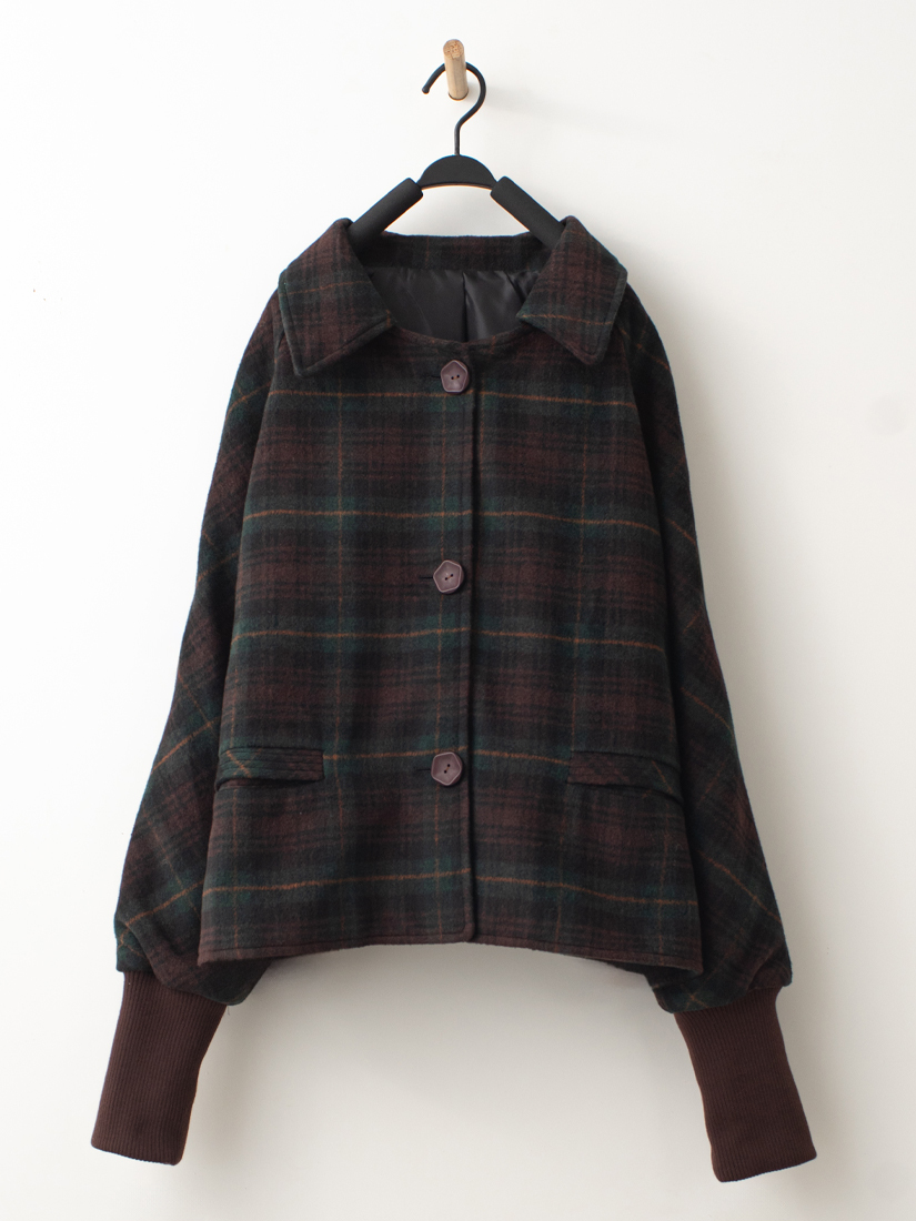 質感格紋翻領排釦毛料外套