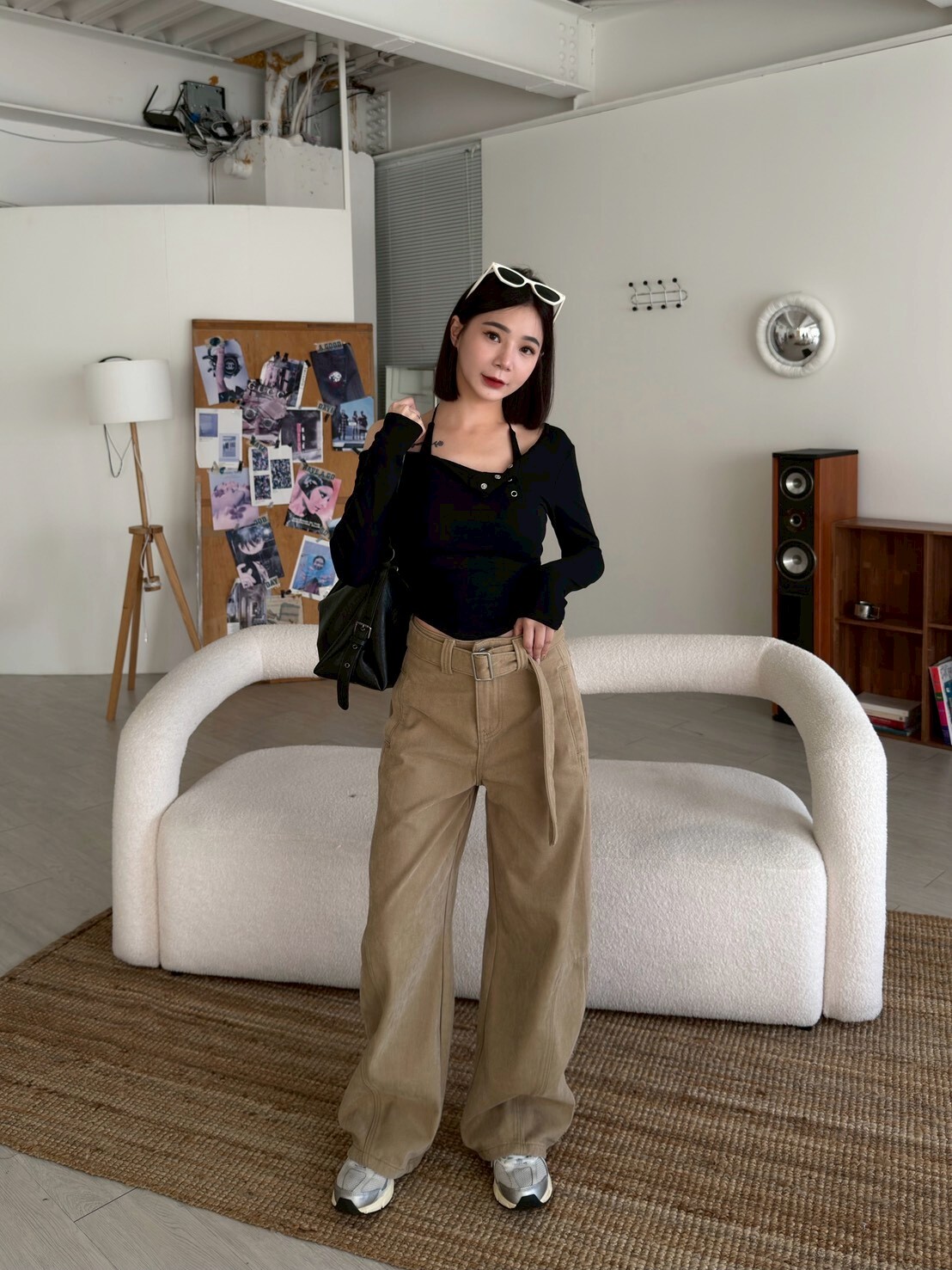 自留款側口袋內磨毛寬褲