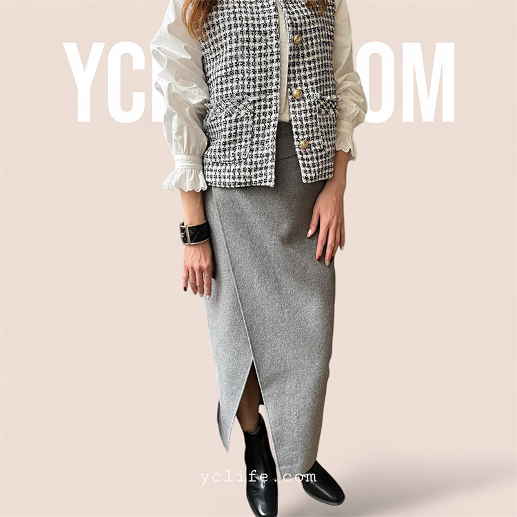 羊毛修身顯瘦毛呢斜扣裙