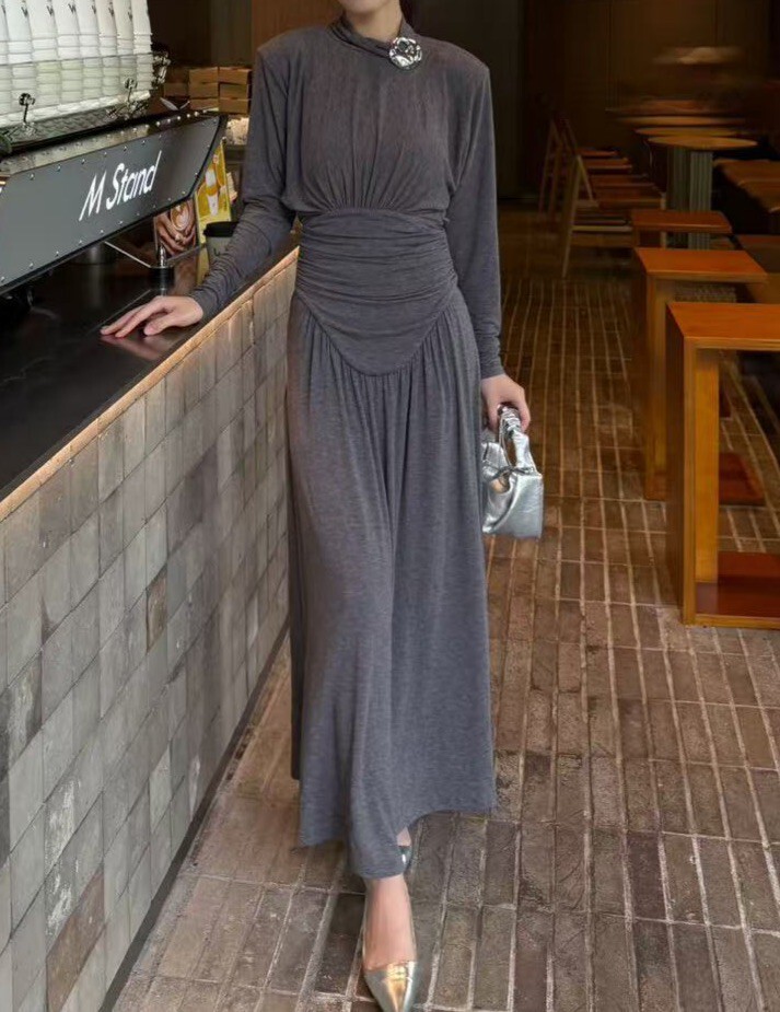 彈力棉毛造型束腰長洋