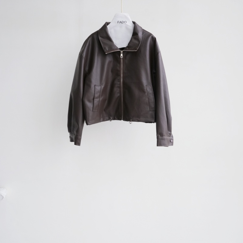 法朵Fado shop｜抽繩拉鍊皮質短版外套 8804003 黑/咖啡