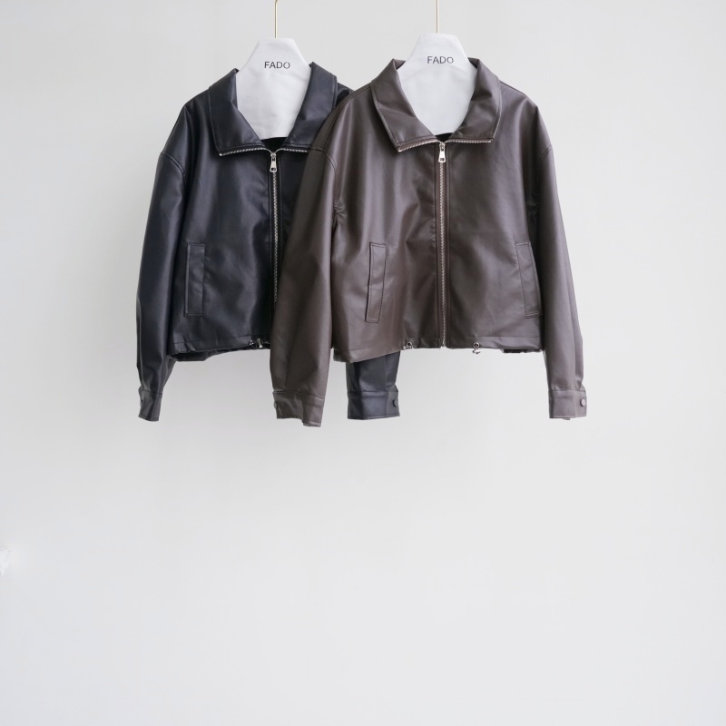 法朵Fado shop｜抽繩拉鍊皮質短版外套 8804003 黑/咖啡