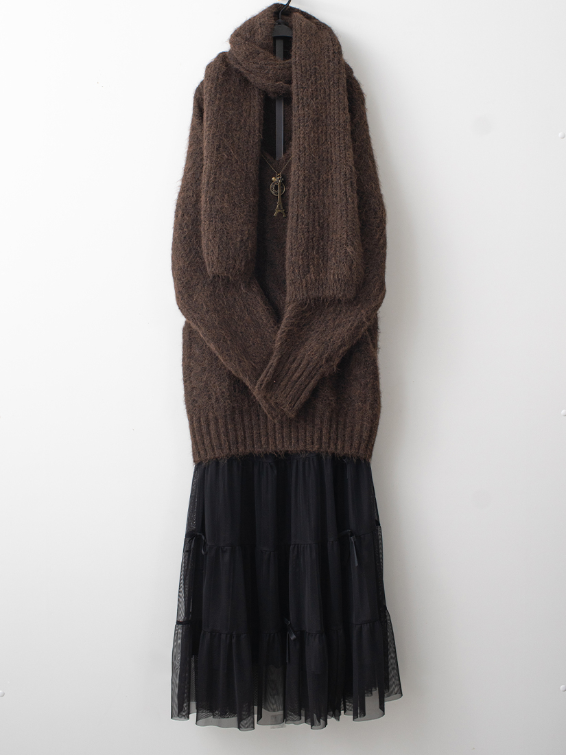 溫柔長版針織上衣層次蛋糕紗裙組合