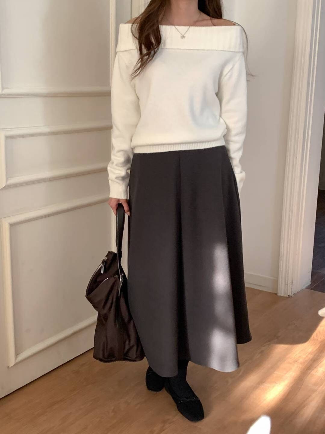 螺紋拼接露肩一字領針織上衣毛衣 / 3色